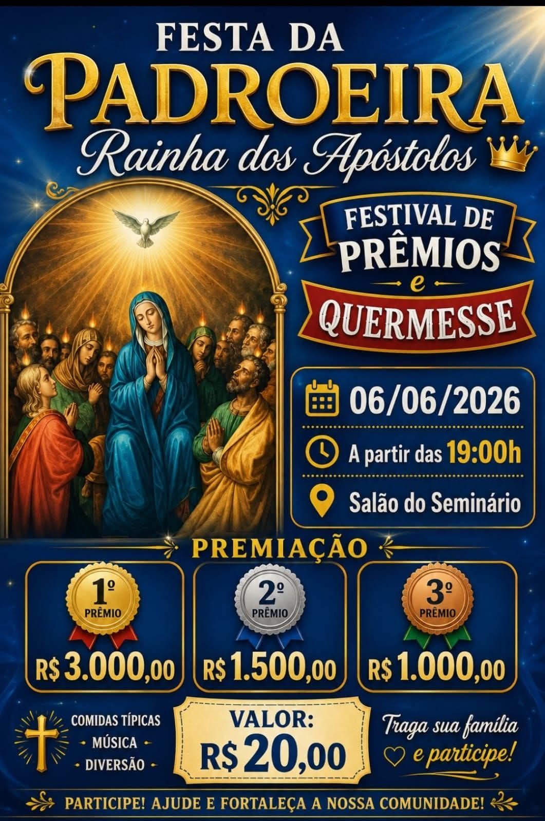 Festa da Padroeira “Rainha dos Apóstolos” terá quermesse e festival de prêmios no dia 6 de junho 